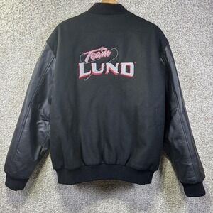 NewZlander Jacket Mens Large Black Wool Leather Varsity Team Lund Boats Fishing